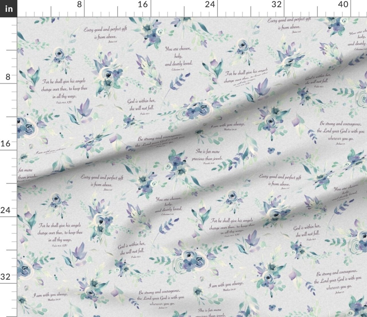 Floral Bible Verse Religious Scripture Christian Psalm Religion Flowers Blue Custom Printed Fabric by Spoonflower Various Fabrics by the Yard or Fat Quarter